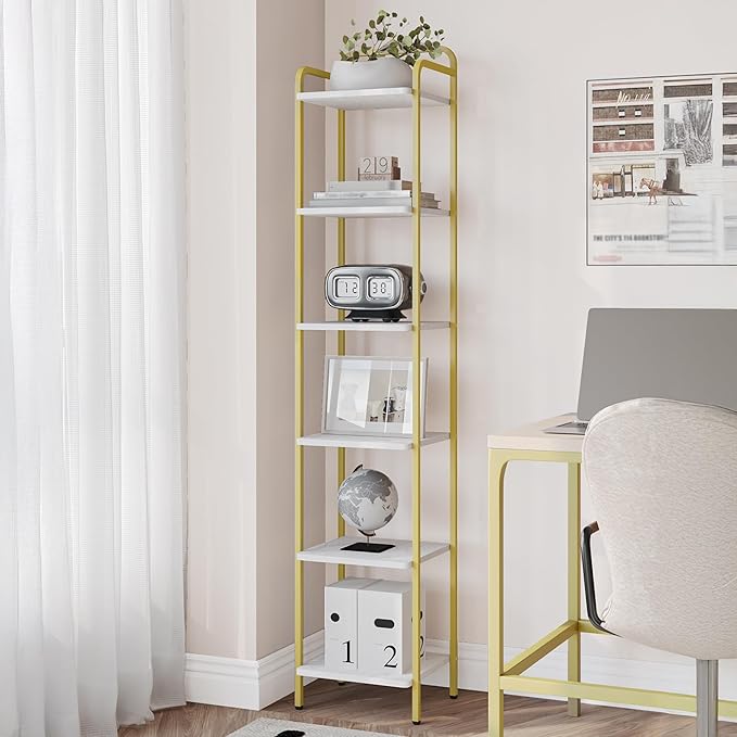 Bookcase Bookshelf, 6-Tier Narrow Book Shelf, Industrial Coner Shelf Storage Organizer, Slim Shelving Unit for Home Office, Living Room, Bedroom, Kitchen, White Gold BC24613G