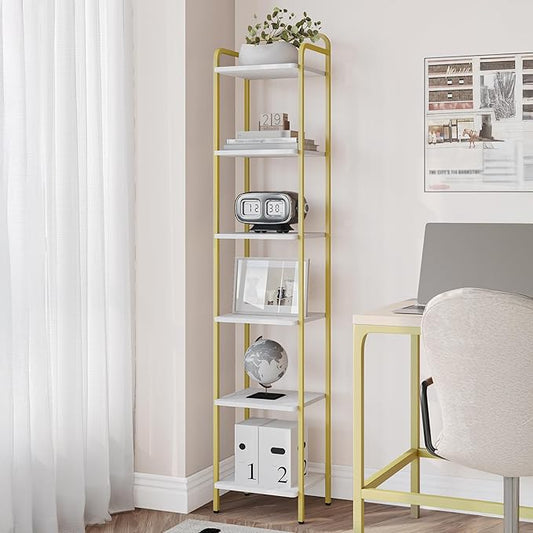 Bookcase Bookshelf, 6-Tier Narrow Book Shelf, Industrial Coner Shelf Storage Organizer, Slim Shelving Unit for Home Office, Living Room, Bedroom, Kitchen, White Gold BC24613G