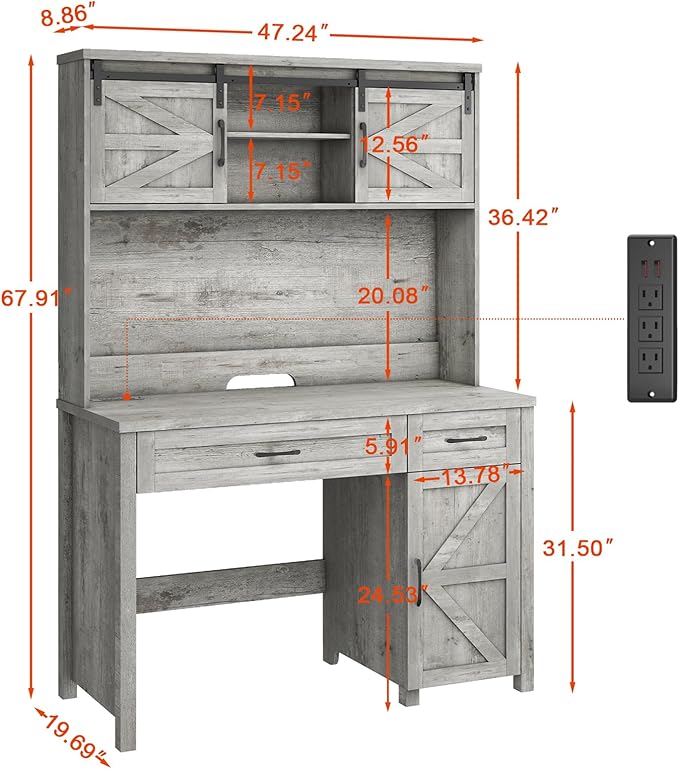 Vabches Farmhouse 47" Executive Desk, Computer Desk with 2 Drawers, LED Light and Storage Cabinet, Home Office Desk with Hutch, Charging Hub, Workstation for Home Office and Study(Grey