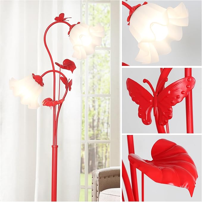 HMVPL Red Floor Lamp for Living Room, Flower Standing Lamp with 2 LED 5W Blubs, Foot Switch, Floral Tall Lamp with Acrylic Shade, Antique Lotus Flower Floor Lamp for Living Room Office Reading