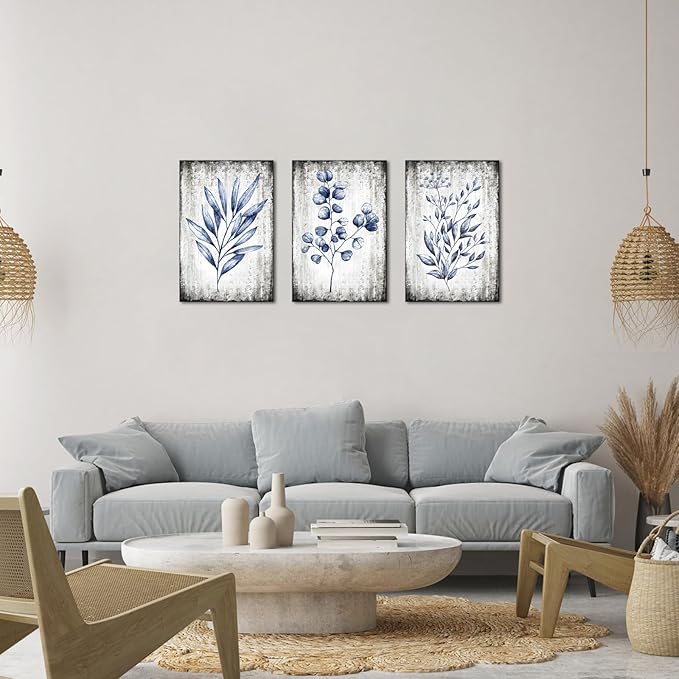 Conipit Navy Blue Botanical Painting Rustic Botanical Wall Art Canvas Minimalist Blue White Leaf Plant Artwork Prints Framed For Living Room Bedroom Wall Decor 16''X24''X3pcs