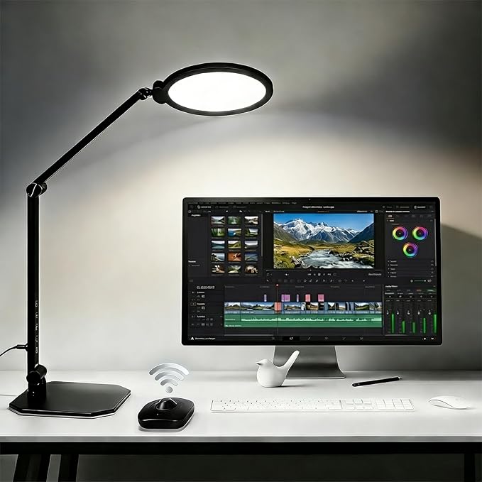 NS LED Desk Lamp for Home Office, LED Desk Light for Video Calls, Adjustable 3000K-6500K Office Lamp with Remote Control, Timer, Memory, CRI95+, Dimmable Desktop Lamp