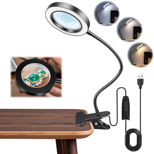 10X Magnifying Glass with Light, 2 in 1 Magnifying Desk Lamp Clip on Mganifier with Light, 3 Color Modes 10 Brightness Levels, 58 LED Clip on Reading Lamp for Bed Crafts DIY Repair,No Adapter