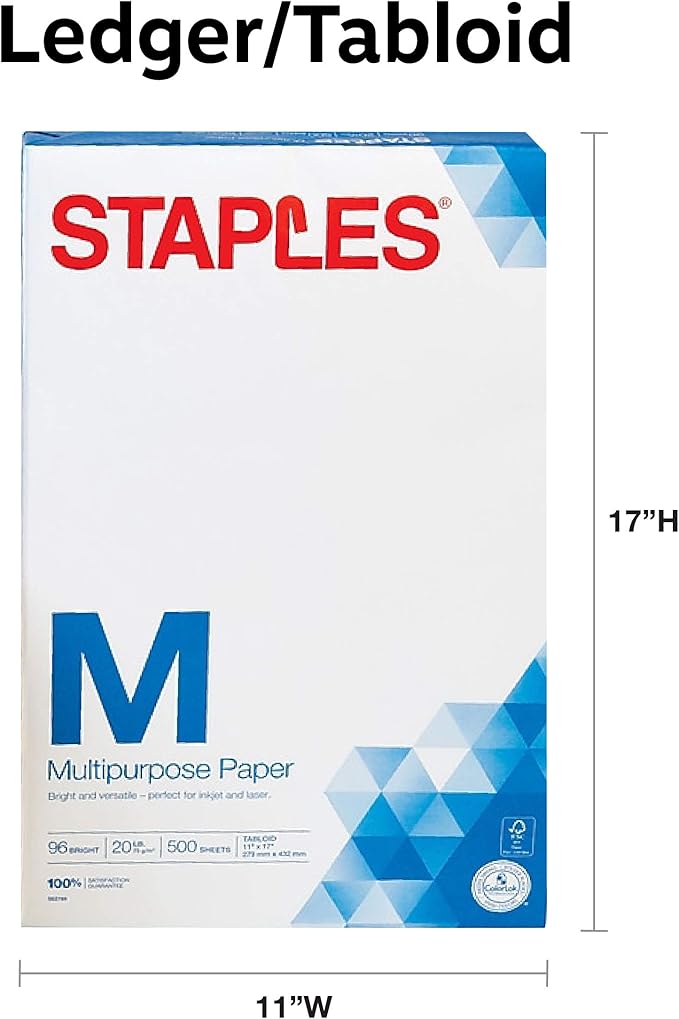 Staples Inkjet Paper – 11” x 17” Multipurpose Paper, 1 Carton of 5 Reams for 2,500 Total Sheets, 20 lbs