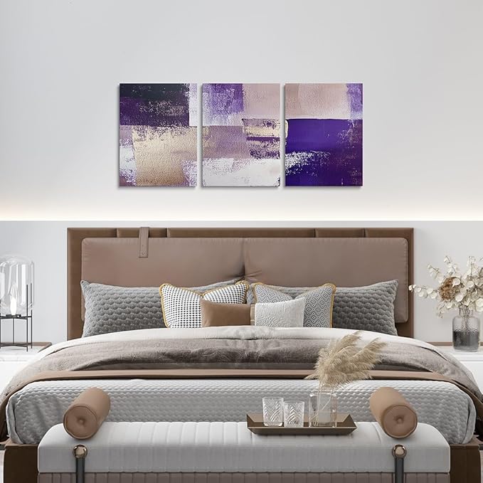 jejeloiu 12"x16"x3pcs Abstract Oil Painting Office Decorations Artwork Posters Abstract Art 3 Piece Canvas Wall Art for Living Room Bedroom Purple Modern Picture Wall Decor