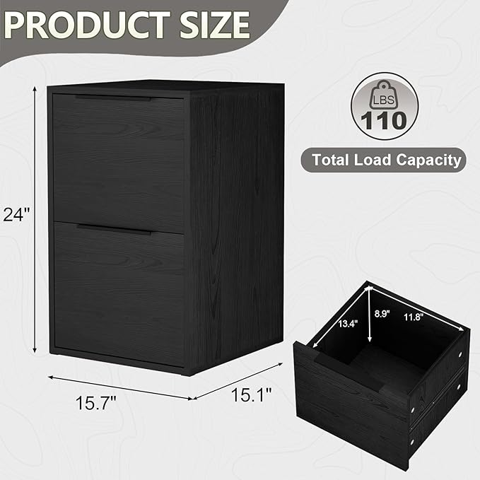 Two Drawer File Cabinet, Black Wood Filing Cabinets for Letter Size/Hanging Files, Small Under Desk File Cabinets for Home Office, Assembly Required