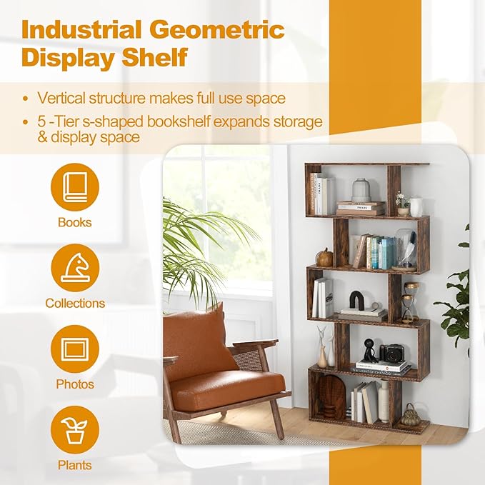 Tangkula 5-Tier Geometric Bookshelf, S Shaped Bookcase w/Anti-Toppling Device, Freestanding Room Divider, Industrial Wood Open Display Shelf for Living Room Home Office (2, Rustic Brown)