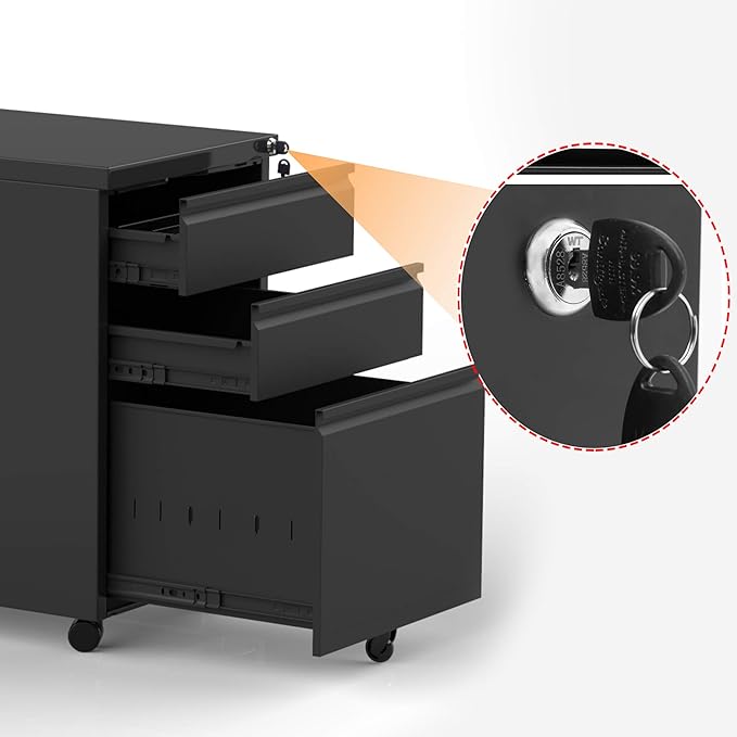 Anwick 3 Drawer Mobile File Cabinet with Lock, Under Desk Metal Filing Cabinet for Legal/Letter/A4 File, Fully Assembled Except Wheels (Black)
