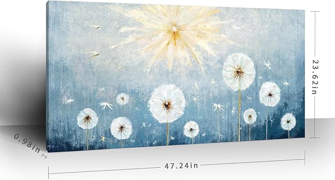 Nicetop Large Canvas Wall Art for Living Room- Floral Landscape Artwork Gallery Wrapped Nature Wildflower Dandelion Print Botanical Flower Picture Bedroom Office Decor,Blue and White, 48x24 Inch