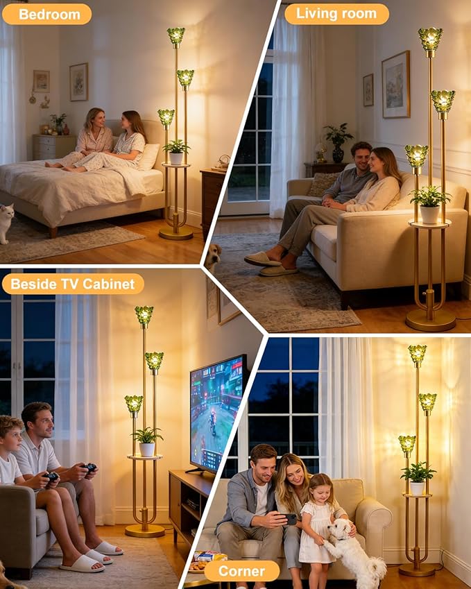 Lightdot Green Glass Floor Lamp with Shelf, 63IN Mid Century Modern Gold Standing Lamps with 3 3000K Soft Warm White Bulbs Included, Floor Lamp for Living Room/Wedding/Office
