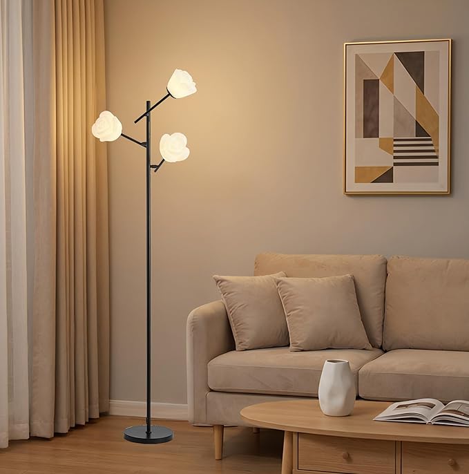 Fiqevs Mid Century Modern Floor Lamp with 3 Adjustable Flower Shade - Floral LED Standing Light with Foot Switch & Light Bulb, Sputnik Tree Lamp for Living Rooms Bedrooms - Black