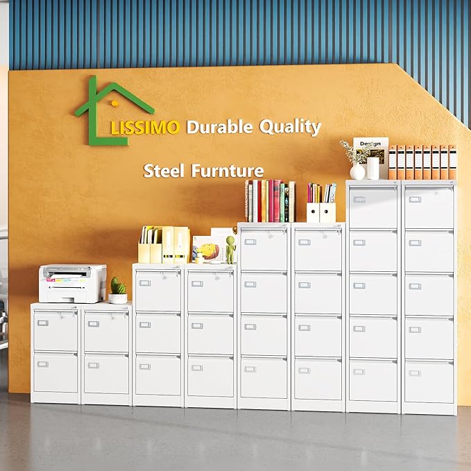 5 Drawer File Cabinet, White Metal Filing Cabinets with Lock Name Card Holder, Metal Vertical Filing Cabinets for Home Office, Steel Storage Cabinet fits Letter/Legal/A4 Size(Assembly Required)