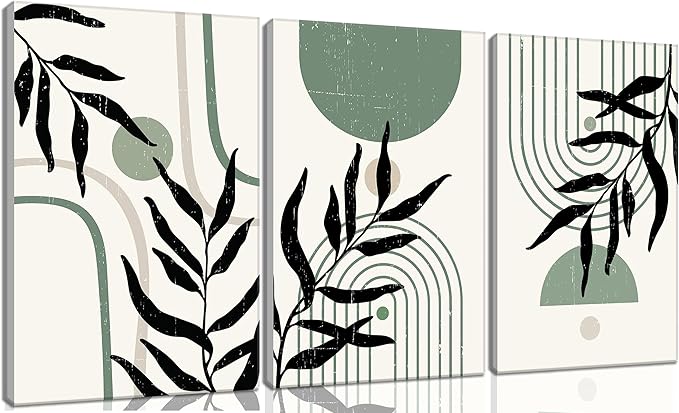 3PCS Boho Sage Green Canvas Wall Art,Minimalist Wall Decor,Geometric Abstract Line Botanical Green Prints,Mid Century Wall Painting,Green Black Beige Poster Hallway Pictures Wall Art framed