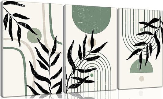 3PCS Boho Sage Green Canvas Wall Art,Minimalist Wall Decor,Geometric Abstract Line Botanical Green Prints,Mid Century Wall Painting,Green Black Beige Poster Hallway Pictures Wall Art framed