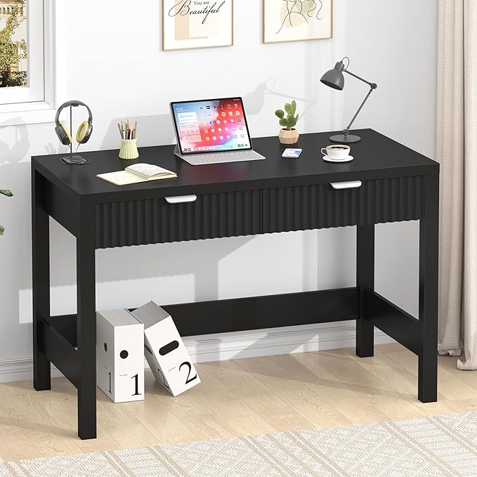 Fluted Computer Desk with 2 Drawers, 39 Inch Small Computer Desk with Storage, Compact Writing Study Desk for Small Spaces, Black