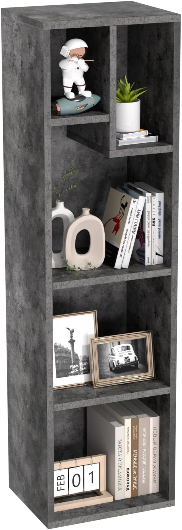 VECELO 4-Tier Bookcase, Modern Storage Cabinet with Height Difference Shelves for Standard Textbooks, 5 Cubes, Vertical or Horizontal, Easy Assembly, Grey