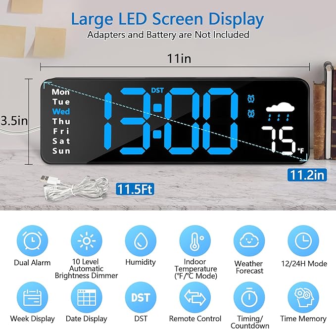 Digital Wall Clock with Remote Control, Large Display Plug in LED Digital Alarm Clocks with 12/24Hr, Date, Week, DST, Timing, Countdown, Temperature for Living Room, Bedroom, Office Wall Decor (Blue)