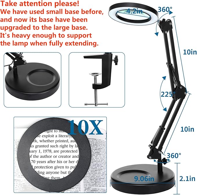 HITTI 10X Magnifying Glass with Light, 1,800 Lumens Stepless Dimmable, 3 Color Modes, 4.2″ Real Glass Lens LED Desk Lamp & Clamp, Magnifier Light and Stand for Crafts, Soldering, Fly Tying, Close Work