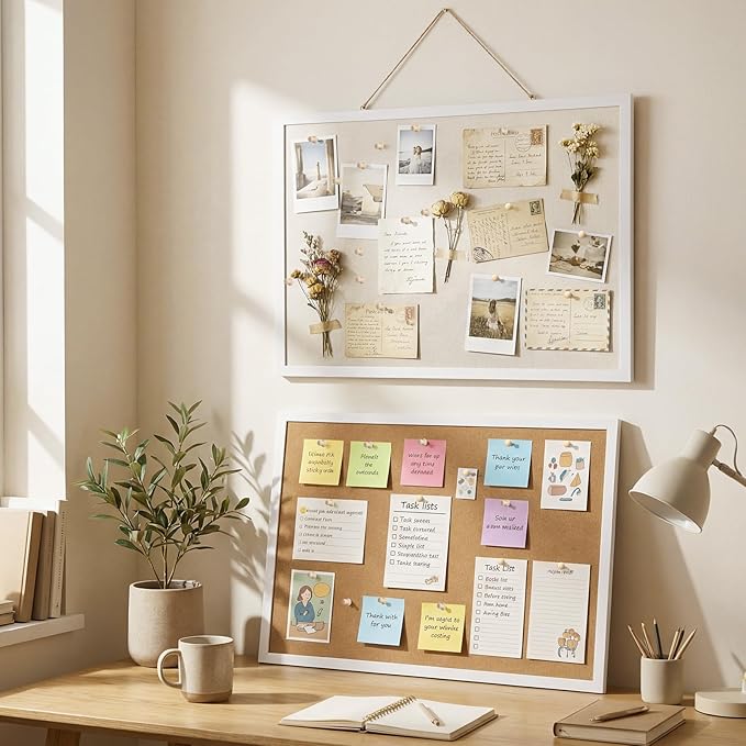 Cork Board with Linen, 24" x 18" Double-Sided Bulletin Board Corkboard for Wall Picture Display Framed Vision Boards for Home Office School Pin Boards with 20 Pushpins &10 Clips