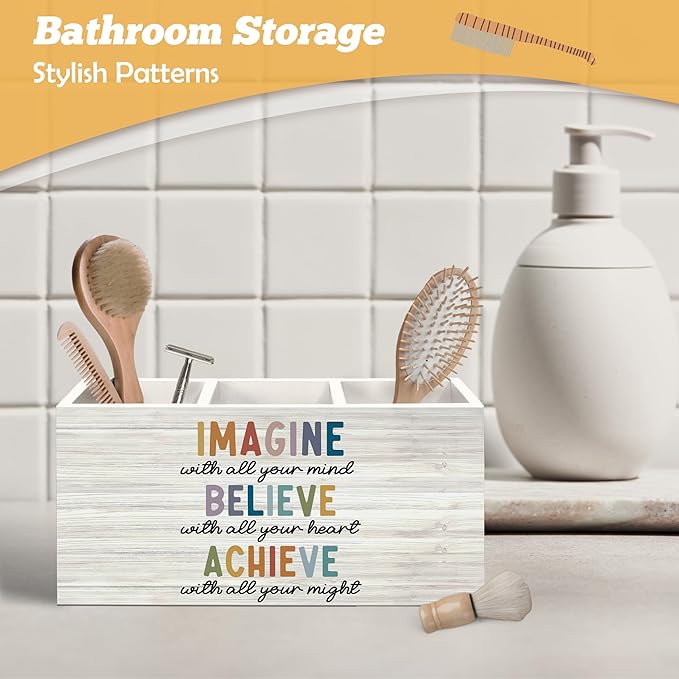 Boho Motivational Pen Holder Organizer for Desk Accessories, Imagine Believe Achieve Positive Wooden Box Sign Desk Decorations for Classroom Office Decor, School Counselor Must Haves