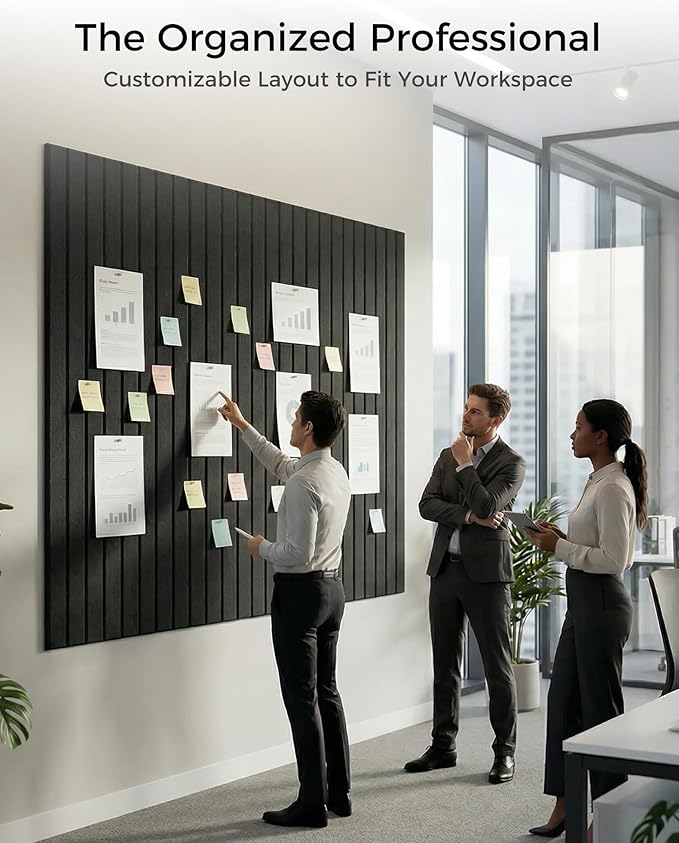 Aothia 12-Pack Large Felt Bulletin Board 48"x36", Modular Pin Board Tiles for Wall, Cork Board Alternative for Office & Classroom, Includes 70 Adhesive Tabs & 40 Pushpins, Black