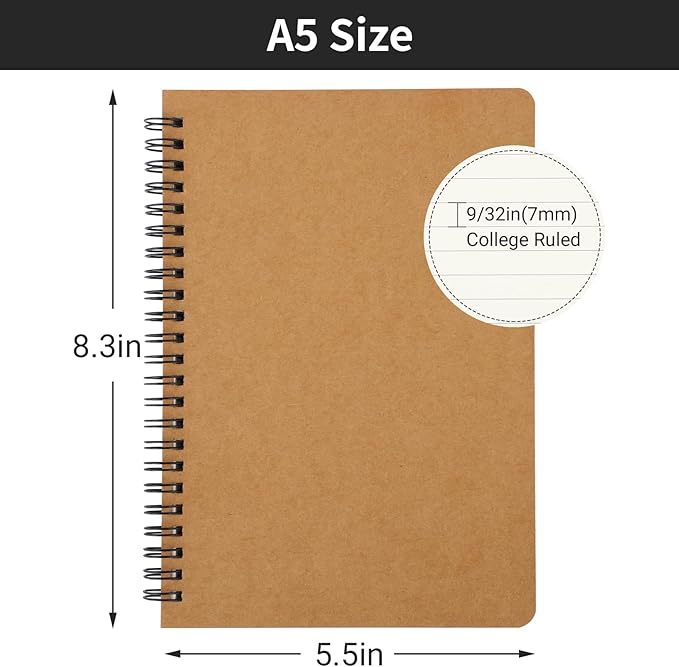 EUSOAR College Ruled Spiral Notebook, A5 12 packs 5.5"X8.3" 120 Pages Lined Travel Writing Notebooks Journal, Memo Notepad Sketchbook, Students Office Business Subject Diary-3 Colors