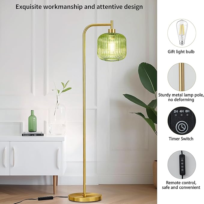 MAYNA Mid Century Modern Floor Lamp, Emerald Green Ribbed Glass Standing Lamp with Built-in Timer Switch, Gold Tall Vintage Lamps for Living Room Bedroom, 2700K LED Bulb Included