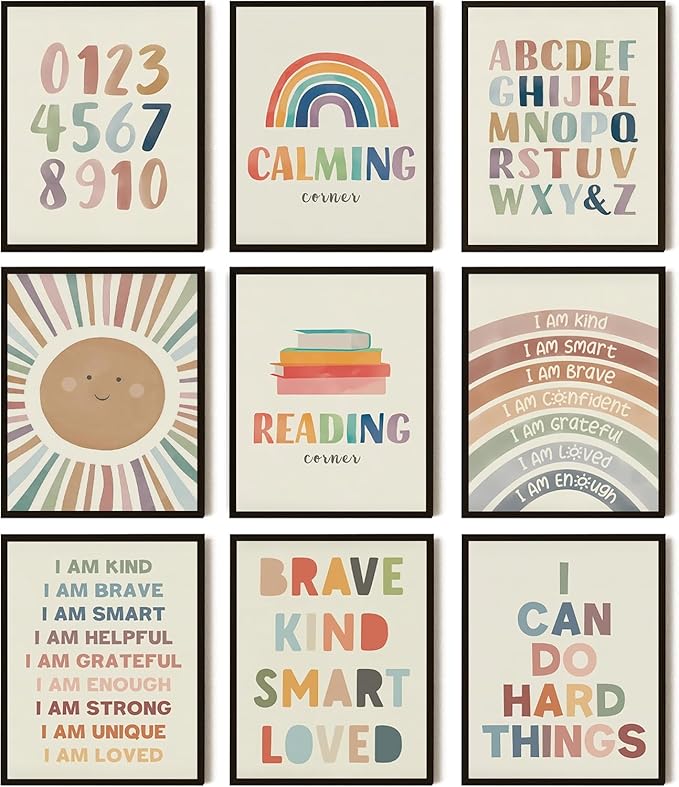 SEHSUVC Baby Alphabet 1 2 3 Wall Art Set of 9, Number Rainbow Canvas Posters Prints, Kids ABC Positive Affirmation Wall Decor Paintings for Kids Room Nursery Bedroom Home Decor 8x10In Unframed