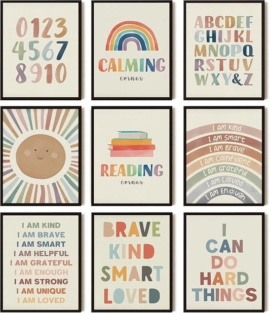 SEHSUVC Baby Alphabet 1 2 3 Wall Art Set of 9, Number Rainbow Canvas Posters Prints, Kids ABC Positive Affirmation Wall Decor Paintings for Kids Room Nursery Bedroom Home Decor 8x10In Unframed
