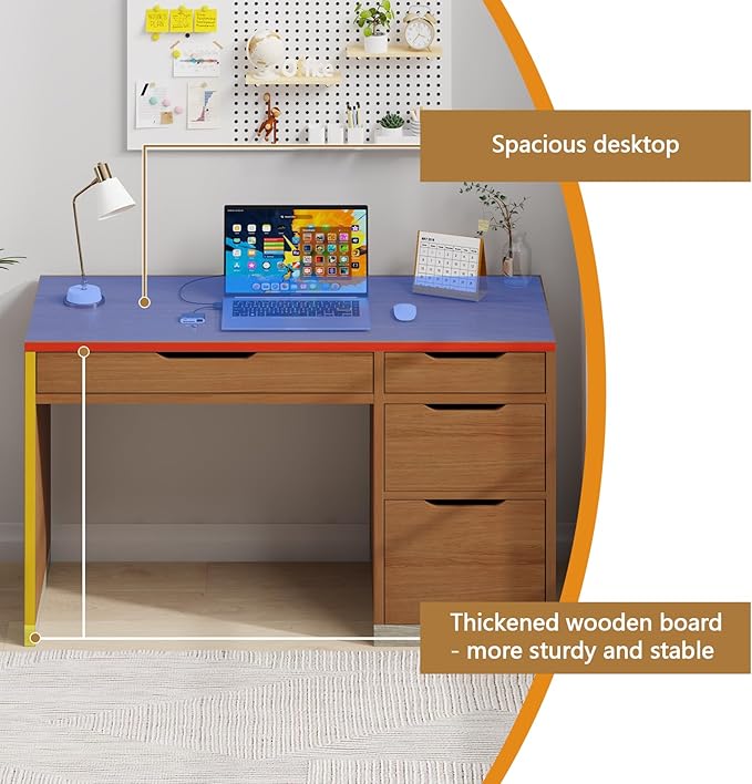 Small Desk with Drawers, 52 Inch Computer Desk with Storage, Home Office Desk with Filing Drawer for Bedroom, Brown