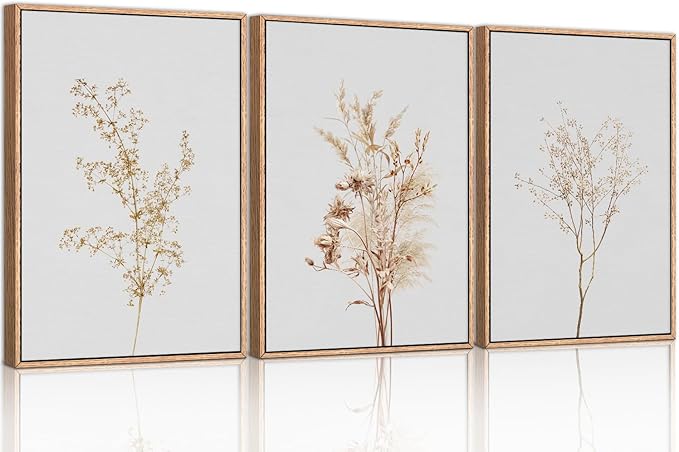 Wildflower Floral Framed Canvas Wall Art Set, Beige Botanical Wall Decor, Minimalist Nature Flower Wall Painting, Modern Boho Farmhouse Art Print for Living Room, Bedroom, Office- 24"x36"x3
