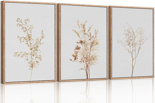 Wildflower Floral Framed Canvas Wall Art Set, Beige Botanical Wall Decor, Minimalist Nature Flower Wall Painting, Modern Boho Farmhouse Art Print for Living Room, Bedroom, Office- 24"x36"x3