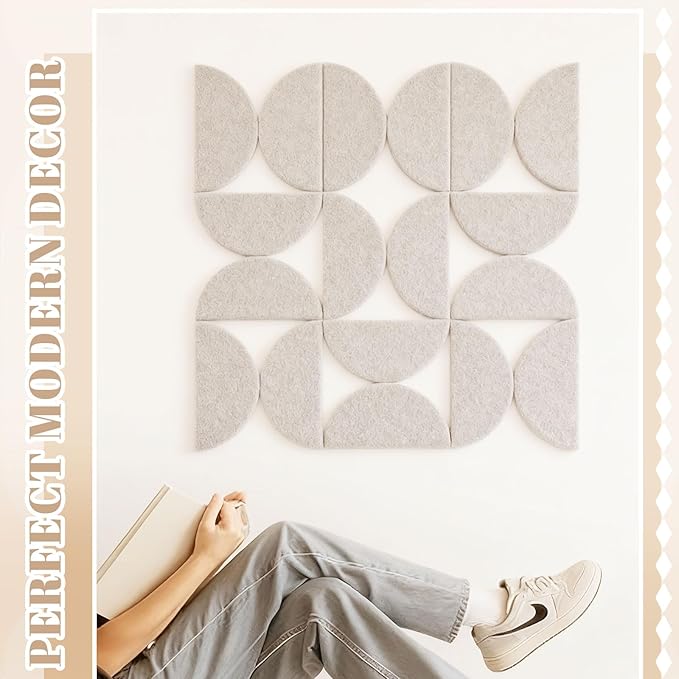 24 Pack Decorative Bulletin Board Felt Wall Tiles Bulk 11.8"x5.9" Semi-Circle Large Wall Art with Removable Adhesive Tabs for Customizable DIY Home Office Decoration Gift (White)