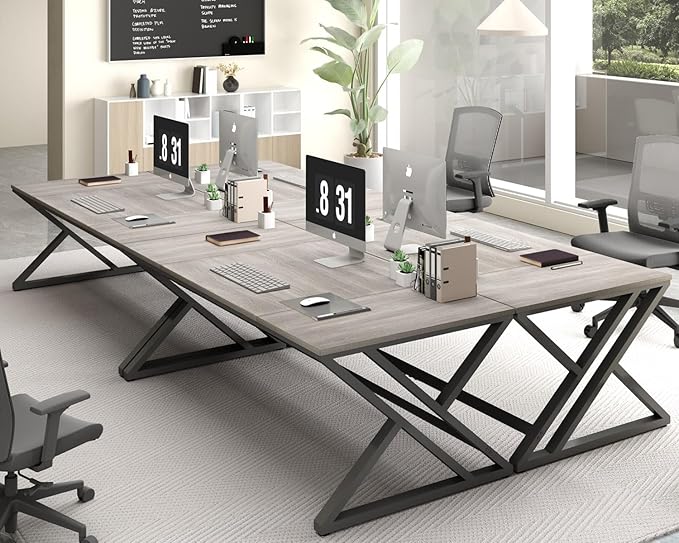 HSH 70.8 Modern Office Desk, Large Long Wood Metal Computer Desk, Industrial Double Executive Desks for Two People, Rustic PC Workstation Work Study Writing Computer Table for Home, Light Grey Oak
