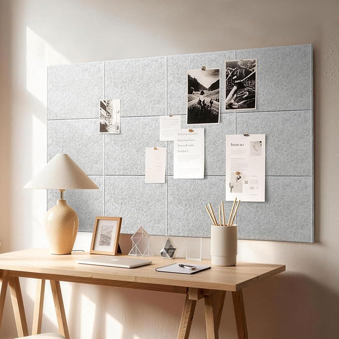 MISSDAY Light Grey Acoustic Wall Panel Large Felt Bulletin Board 48" x 36" Cork Board for Wall, 12-Pack Boards with 72 Adhesive Tabs, 50 Pins, Pin Board for Home Office Classroom Soundproof Wall Tile
