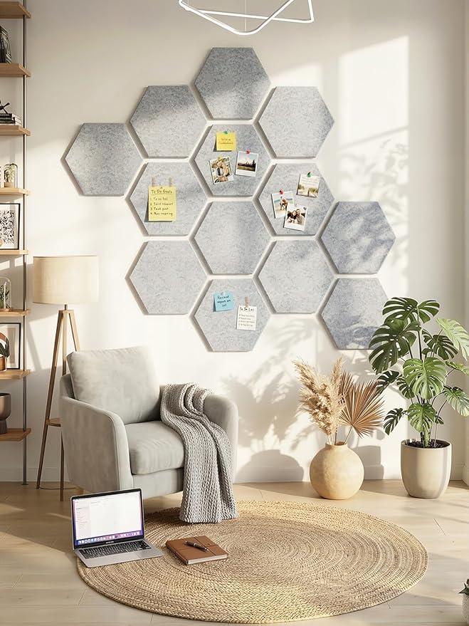 8 Pack Hexagon Felt Bulletin Board Tiles - 11.8" Large Thick Pin Board for Walls with 30 Push Pins, DIY Boards for Office Home School Decor, Aesthetic Hex Cork Board Alternative