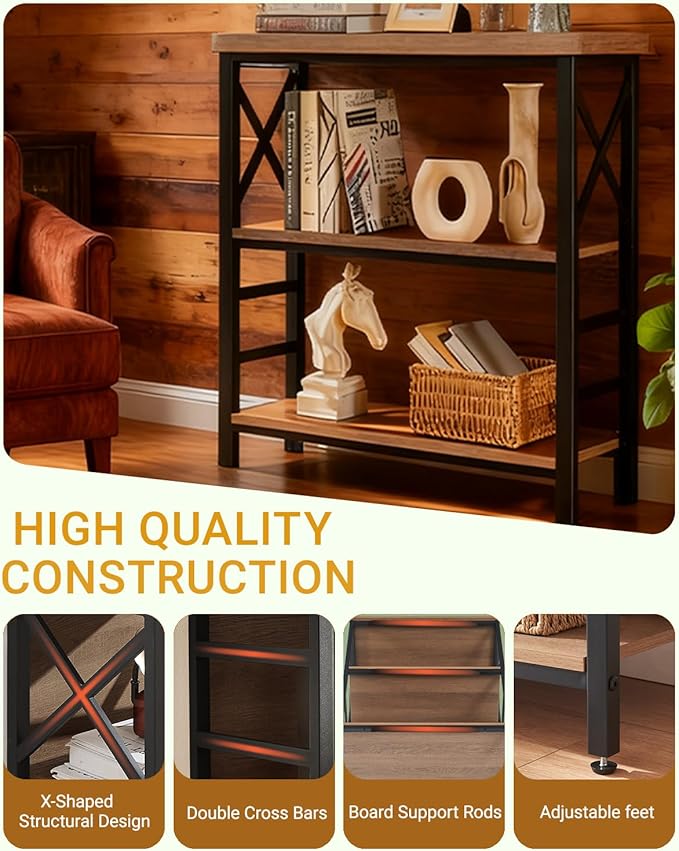 Book Shelf, Small 3-Tier Industrial Bookshelf with Strong Metal Frame & Backboard, 29.5" Short Bookcase for Small Spaces, Living Room, Bedroom and Home Office, Brown