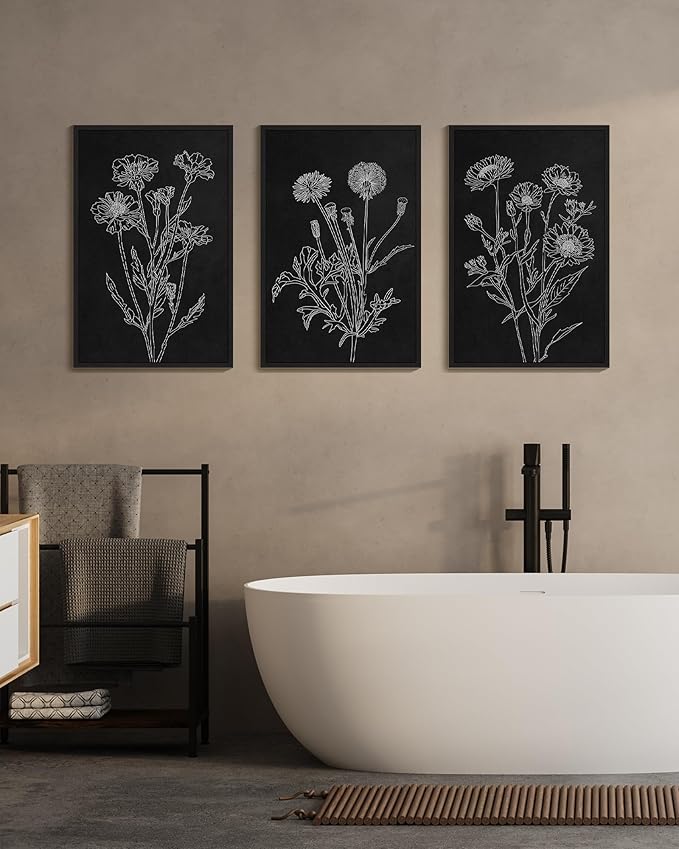 Drsoum Black White Flower Wall Art Vintage Minimalist Floral Wall Hanging Decor Bohemain Botanical Prints Artwork for Bedroom Living Room Hallway 16x24in Black Framed
