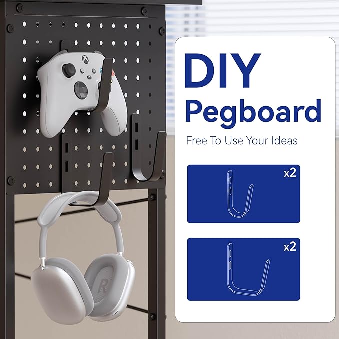 Pamray 64 Inch L Shaped Gaming Desk with Power Outlets and Led Lights, Large Corner Computer Desk with Monitor Stand and Pegboard, PC Table for Home Office and Bedroom Vintage