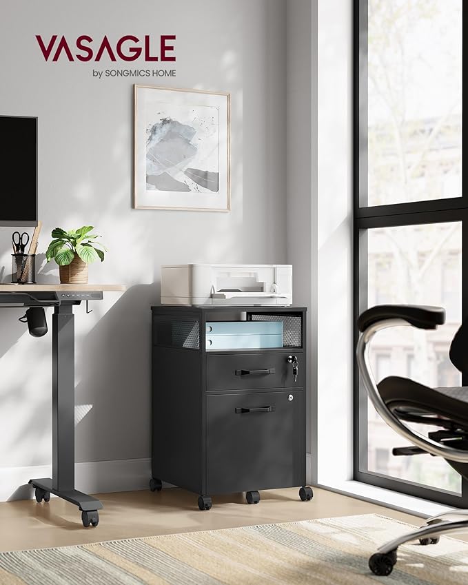 VASAGLE File Cabinet, Mobile Filing Cabinet with Wheels, 2 Lockable Drawers, Open Shelf, for A4, Letter Size, Hanging File Folders, Ink Black UOFC077B16
