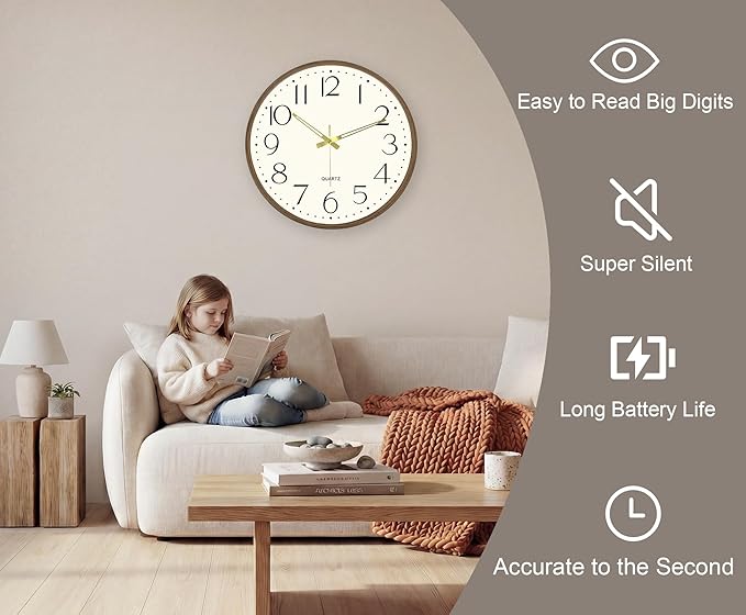 Vintage Wall Clock 14 Inch Quartz Silent Non-Ticking Analog Clock Battery Operated Rustic Round Decorative Clock for Living Room Kitchen Home Office Classroom