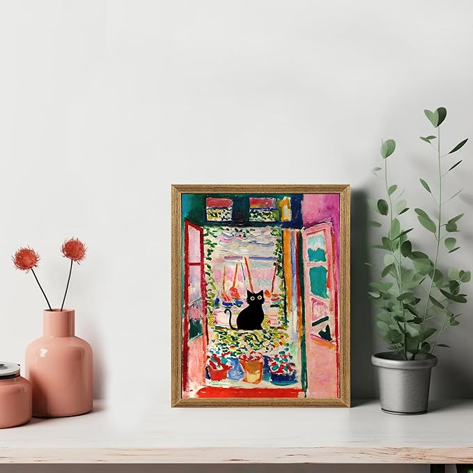 Fantasy Artists Henri Matisse Cat Wall Art, Framed Open Window Black Cat Canvas Poster Prints, Abstract Aesthetic Wall Decors for Living Room, Oil Paintings for Room Bathroom Decorations 8" X 10"