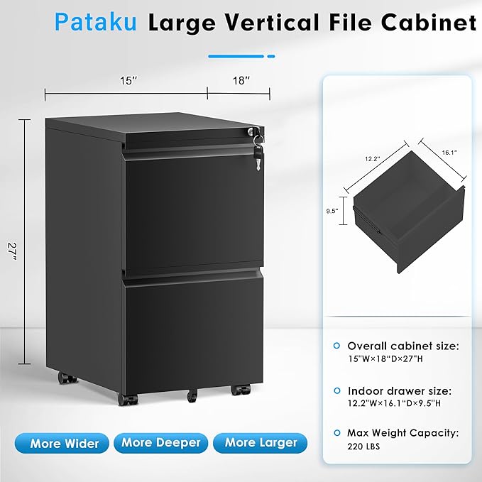 Pataku 2 Drawer File Cabinet, Small File Cabinets with Lock, Metal Rolling Filing Cabinet with 2 Drawer, Filing Cabinets for Home Office Fit A4/Letter/Legal, Easy Assembled, Black
