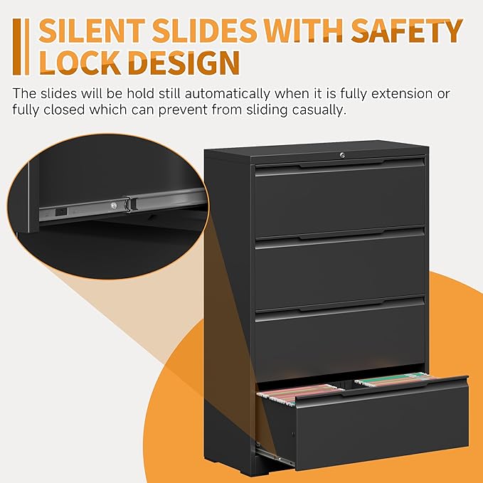 4-Drawer Metal File Cabinet with Lock,Steel Printer Stand with Storage for Home Office,Lateral Filing Cabinet for Legal/Letter/A4 Files,Assembly Required(35.43''W-4 Drawers,Black)