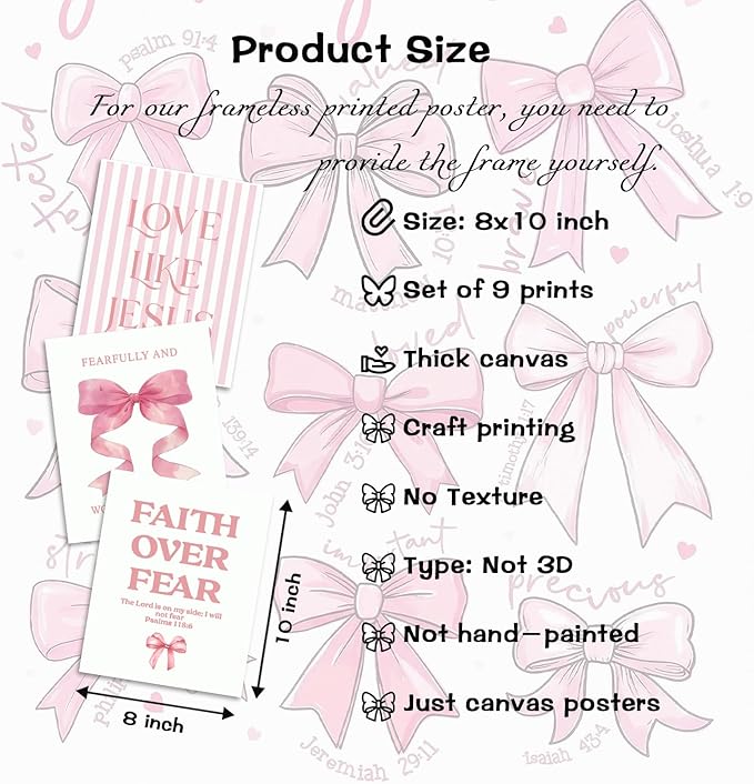 Pink Bow Jesus Bible Canvas Wall Art Set of 9, Coquette Trendy Preppy Aesthetic Girl Posters Prints Wall Decor, Christian scripture Lovers Gifts for Home Decor Living Room Bedroom 8x10In Unframed
