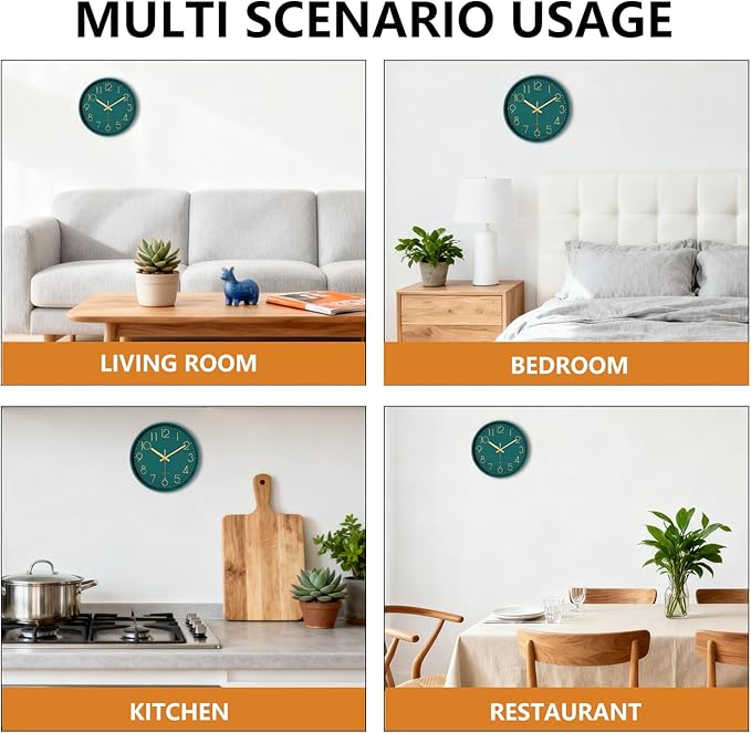 Modern Silent Wall Clock, 12 Inch Wall Clocks Battery Operated Large Number, Non-Ticking Analog Clock with Tempered Glass Quartz Clocks for Living Room Bedroom Office Kitchen, Dark Green