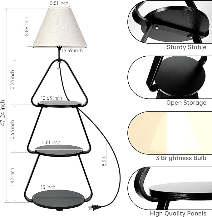 Floor Lamp with Small Round Side Table, 3-Tier Circular End Table with Storage Shelf, Round Corner Coffee Desk Nightstand for Living Room Bedroom Small Spaces, Black