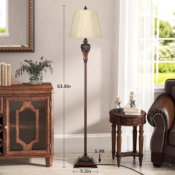 Vintage Floor Lamp for Living Room Traditional Farmhouse Tall Standing Lamp Mid-century Antique Bedroom Pole Lamp with Bell Shape Faux Silk Shade Elegant Rustic Bright Lighting for Reading Home Decor