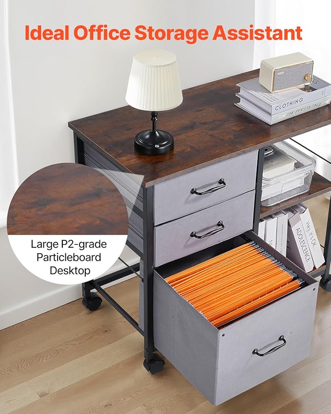 VEVOR Metal File Cabinet, Mobile Filing Cabinet with 3 Fabric Drawers and 2 Open Shelves, Wooden Vertical Filing Storage Cabinets with Wheels for Letter, A4, Legal Size File, Easy Assembly, Brown