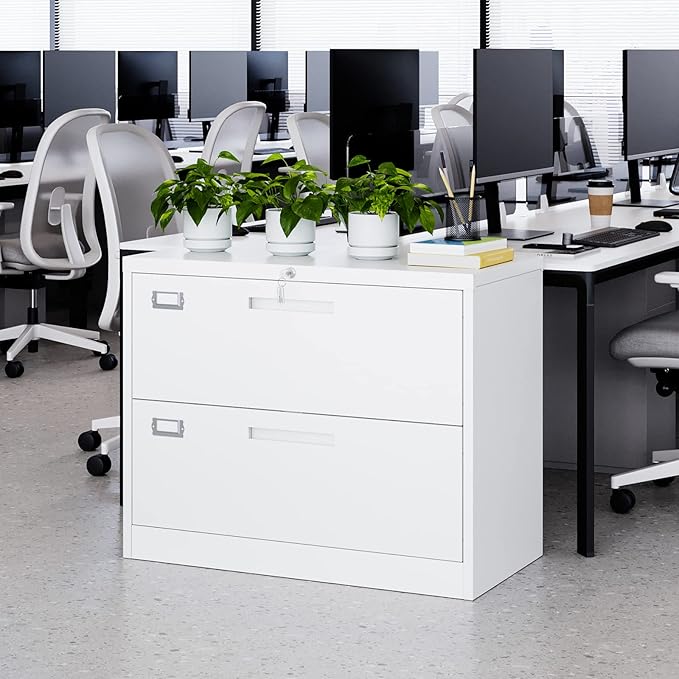 MIIIKO Lateral File Cabinet 2 Drawer with Lock, White Filing Cabinet Home Office, Large Deep Drawers Locked by Keys, for Hanging Folders Files Letter/Legal/F4/A4 Size
